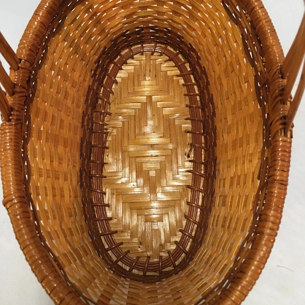 Woven Wicker Basket Home Decor Small Brown Two Tone Oval Handle Farmhouse